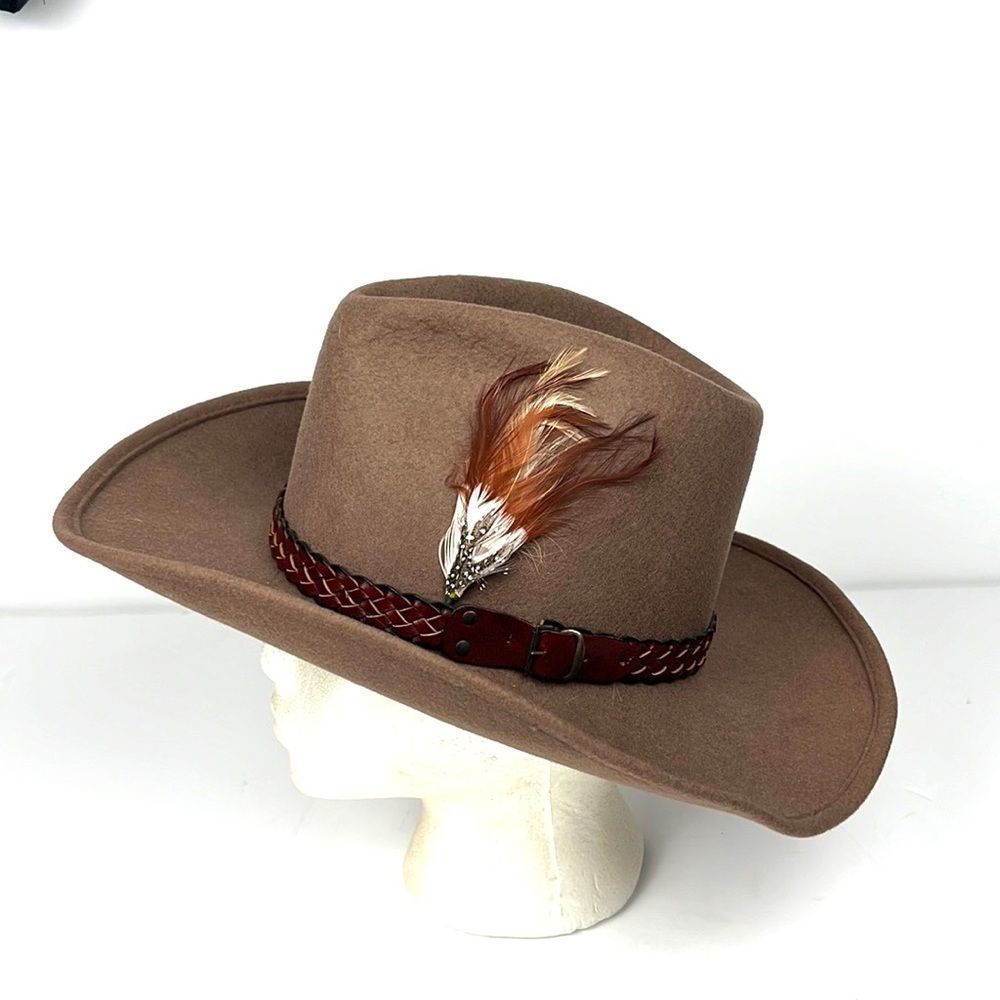 NWOT Vintage Trail Boss 100% Wool Felt Cowboy Fedora Hat Brown with Feather
